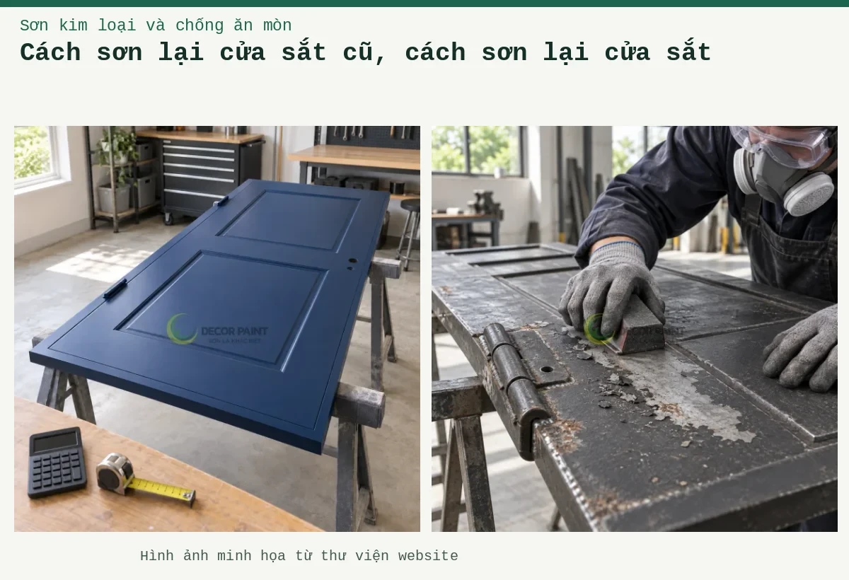 Cách sơn lại cửa sắt cũ, cách sơn lại cửa sắt – Ảnh minh họa: Chà bỏ lớp sơn bong và xử lý bề mặt cửa thép cũ trước khi sơn lại; Cửa thép màu xanh đậm trên giá đỡ cùng dụng cụ đo và máy tính.