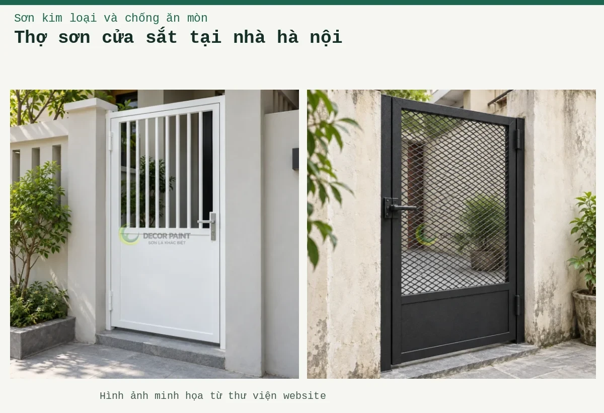 Thợ sơn cửa sắt tại nhà hà nội – Ảnh minh họa: Cửa sắt hoàn thiện màu trắng tại lối vào nhà; Cửa thép lưới mắt cáo và tấm kín phía dưới, hoàn thiện màu đen nhám tại lối vào sân nhà phố.