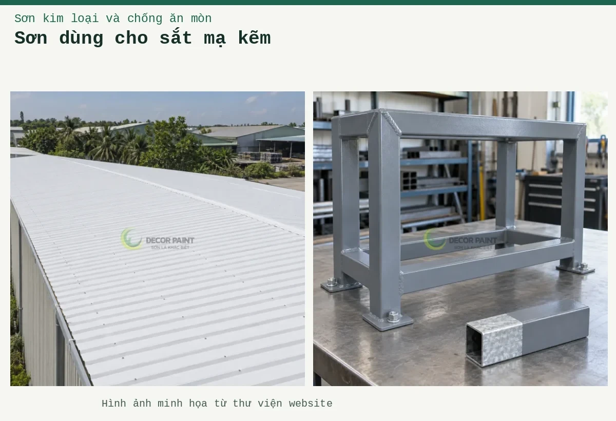 Sơn dùng cho sắt mạ kẽm – Ảnh minh họa: Khung sắt mạ kẽm phủ màu ghi và mẫu ống hộp để đối chiếu bề mặt; Mái tôn nhà xưởng phủ màu trắng, nhìn chéo theo các đường sóng mái.