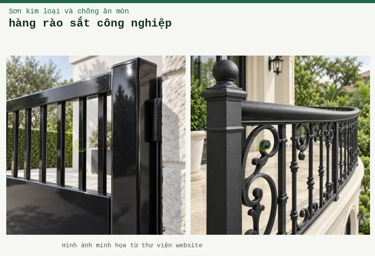 hàng rào sắt công nghiệp – Ảnh minh họa: Lan can ban công sắt mỹ thuật; Cổng sắt nhũ đen.