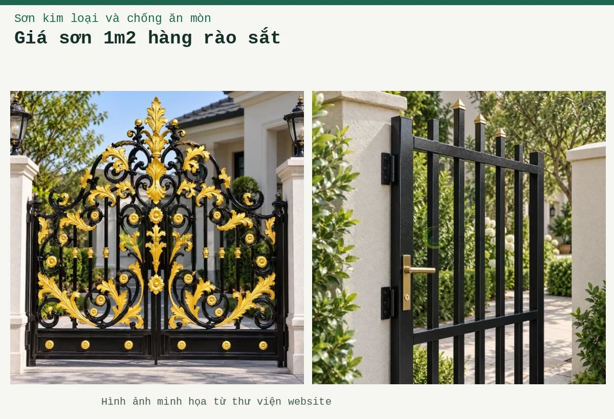 Giá sơn 1m2 hàng rào sắt – Ảnh minh họa: Cổng sắt trang trí nhũ ca may vàng nghệ; Cổng sắt nhám đen.