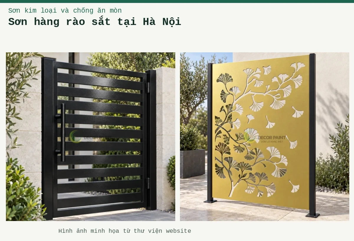 Sơn hàng rào sắt tại Hà Nội – Ảnh minh họa: Khung cổng sắt; Cổng sắt CNC nhũ đồng.