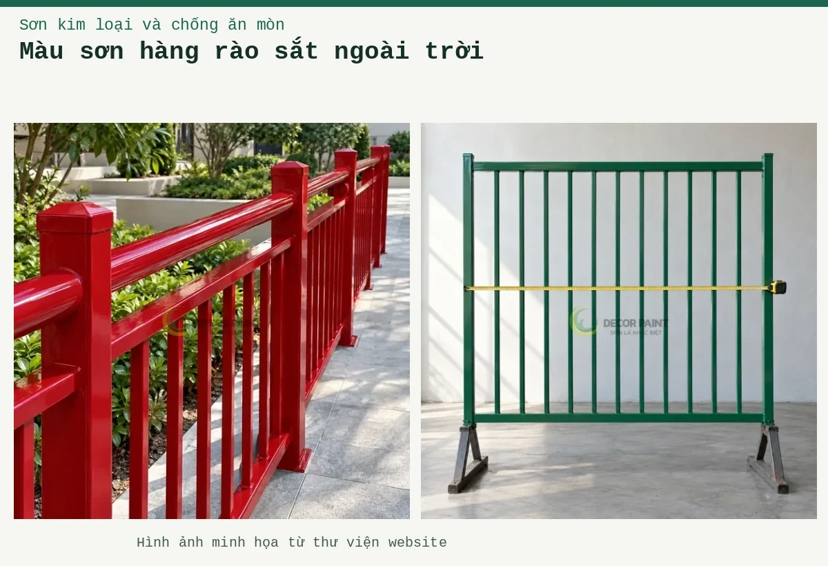 Màu sơn hàng rào sắt ngoài trời – Ảnh minh họa: Hàng rào sắt màu đỏ tươi với tay vịn ống tròn ngoài trời; Đo chiều rộng tấm hàng rào thép màu xanh để chuẩn bị tính diện tích sơn.