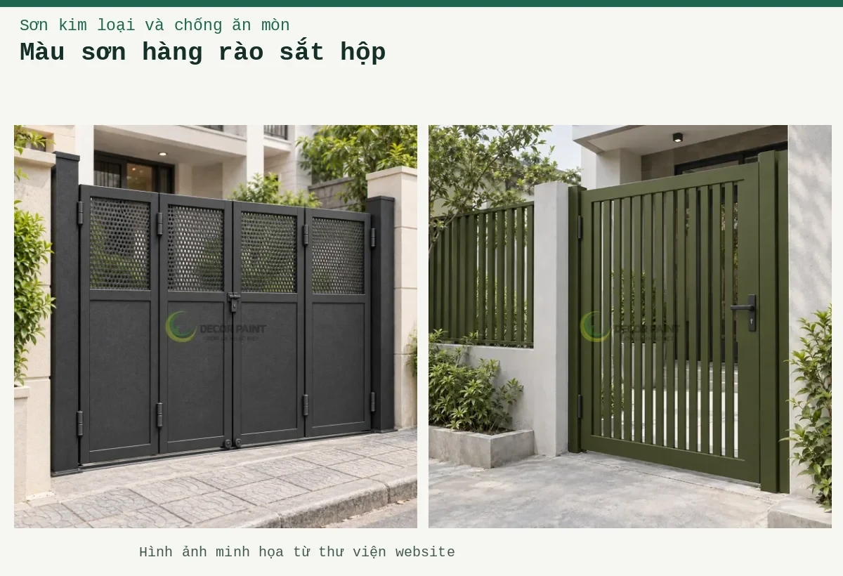 Màu sơn hàng rào sắt hộp – Ảnh minh họa: Cổng và hàng rào sắt hoàn thiện màu xanh rêu gốc cây mờ; Cổng sắt bốn cánh gấp màu đen nhám, kết hợp panô kín và tấm thép đục lỗ.