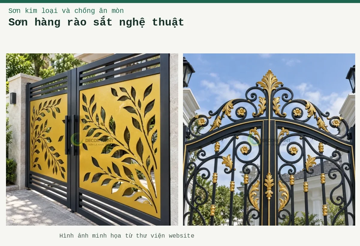 Sơn hàng rào sắt nghệ thuật – Ảnh minh họa: Cổng sắt CNC họa tiết cành lá vàng nghệ; Đỉnh vòm cổng sắt mỹ thuật.