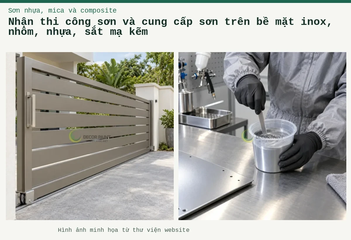 Nhận thi công sơn và cung cấp sơn trên bề mặt inox, nhôm, nhựa, sắt mạ kẽm – Ảnh minh họa: Cổng inox trượt với lớp sơn màu xám ấm; Khuấy hỗn hợp sơn hai thành phần trong cốc pha trước khi đưa vào thi công.