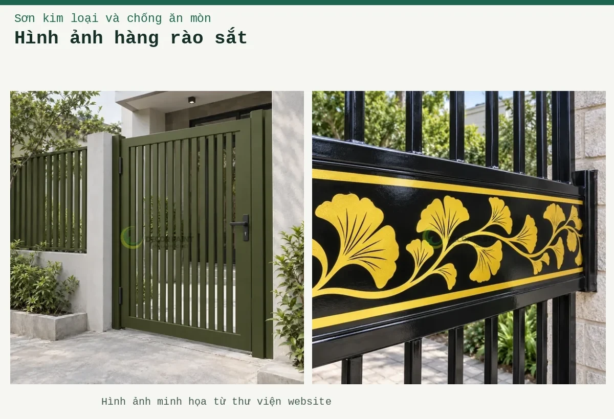 Hình ảnh hàng rào sắt – Ảnh minh họa: Cổng và hàng rào sắt hoàn thiện màu xanh rêu gốc cây mờ; Cổng sắt họa tiết bạch quả vàng chanh.