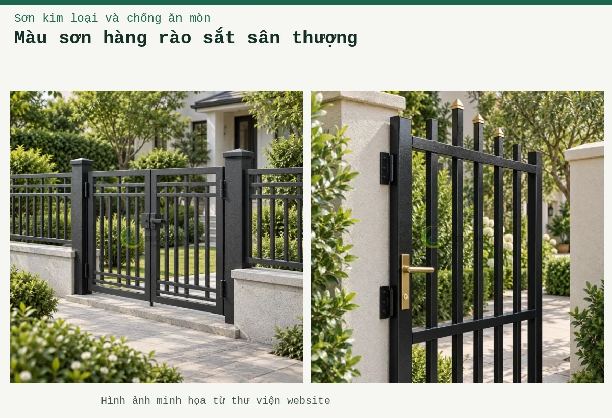 Màu sơn hàng rào sắt sân thượng – Ảnh minh họa: Cổng sắt nhám đen; Bộ cổng hai cánh và hàng rào thép màu đen nhám lắp đồng bộ trên bệ xây thấp.
