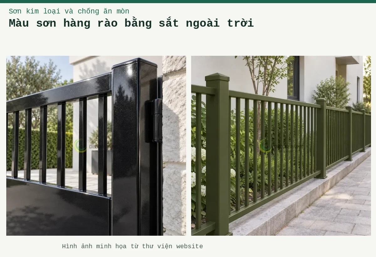 Màu sơn hàng rào bằng sắt ngoài trời – Ảnh minh họa: Hàng rào sắt ngoài trời phủ màu xanh rêu mờ dọc lối đi; Cổng sắt nhũ đen.