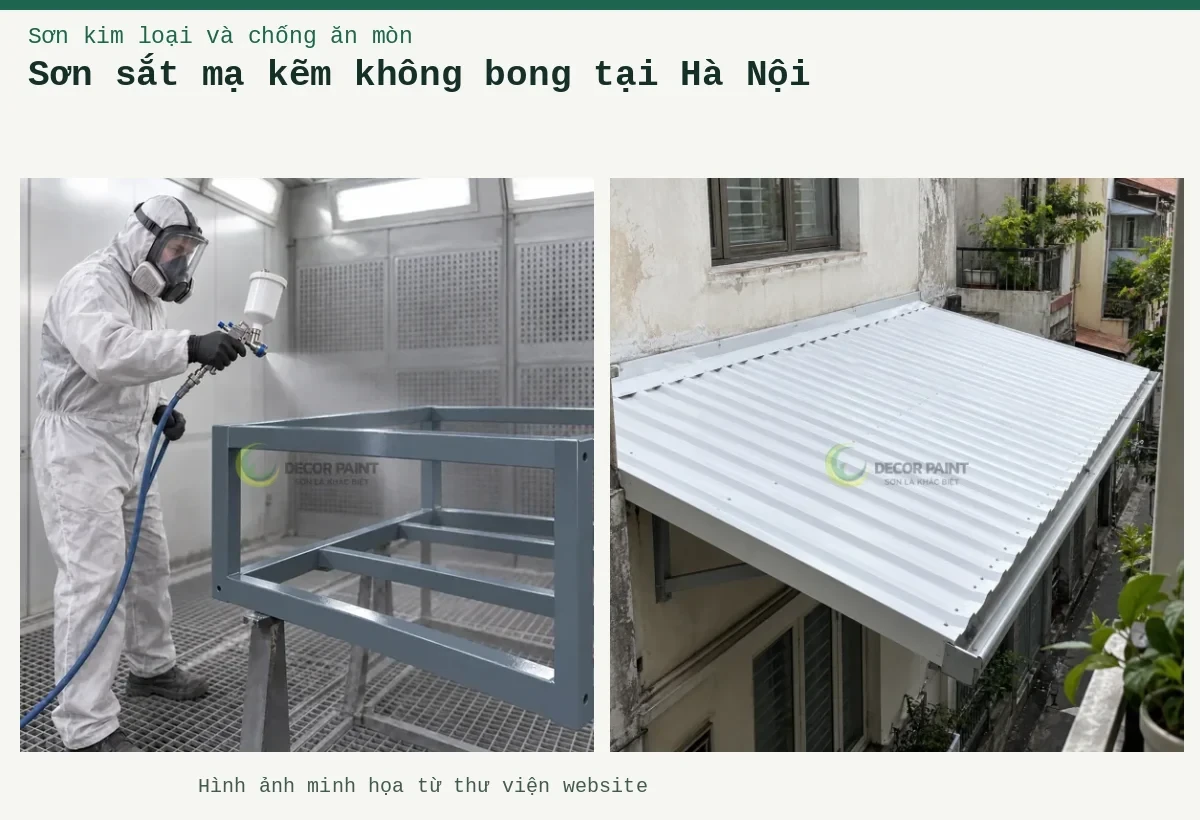 Sơn sắt mạ kẽm không bong tại Hà Nội – Ảnh minh họa: Minh họa phun sơn ghi nhạt trên khung sắt mạ kẽm trong buồng phun; Mái tôn trắng trên nhà phố dạng hẹp trong khu dân cư Hà Nội.