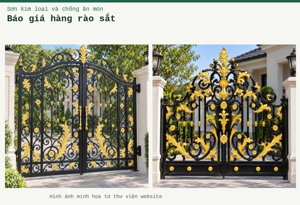 Báo giá hàng rào sắt – Ảnh minh họa: Cổng biệt thự hai cánh sắt đen nhũ vàng; Cổng sắt trang trí nhũ ca may vàng nghệ.