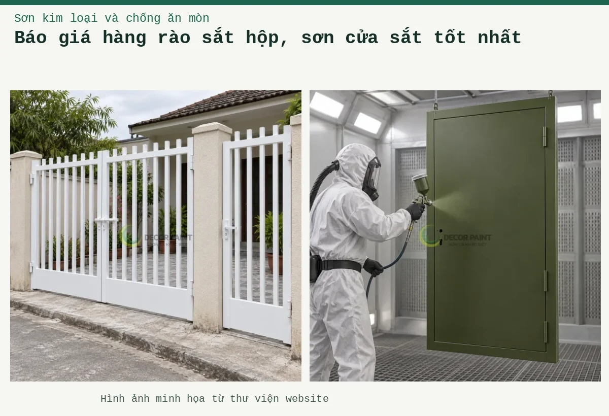 Báo giá hàng rào sắt hộp, sơn cửa sắt tốt nhất – Ảnh minh họa: Cổng sắt sơn trắng với hai cánh chính và cửa đi phụ, các thanh đứng đầu bằng; Phun lớp sơn xanh rêu lên cửa thép trong buồng sơn, người thi công sử dụng trang bị bảo hộ.