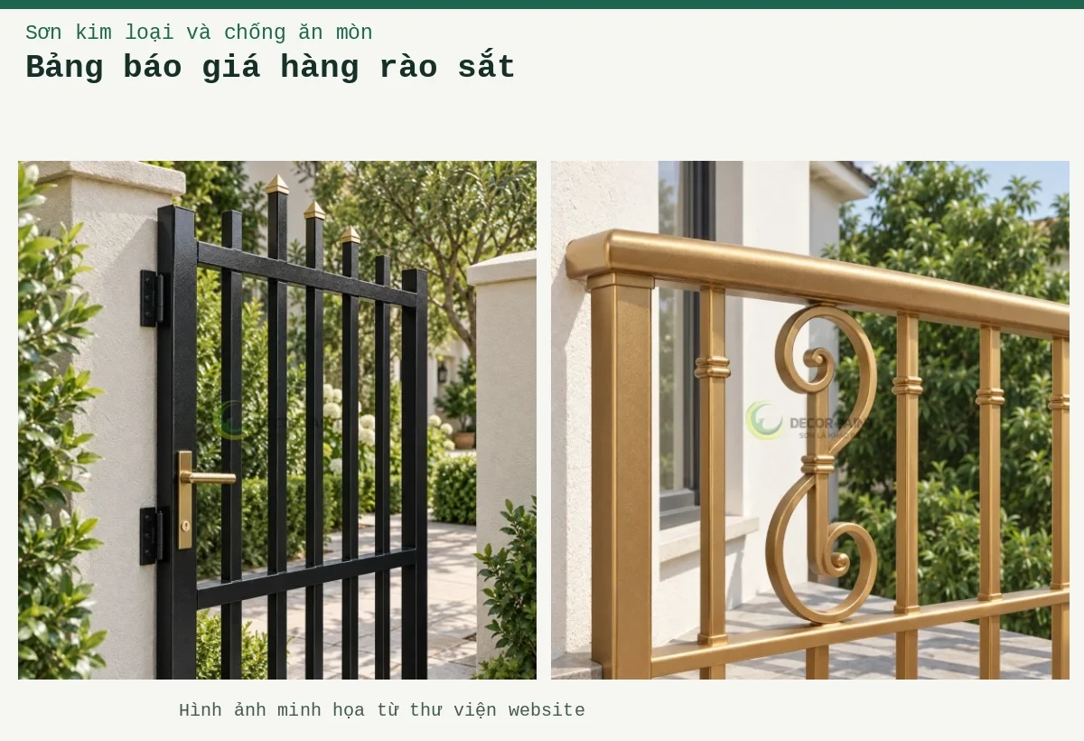 Bảng báo giá hàng rào sắt – Ảnh minh họa: Lan can ban công hoa sắt sơn nhũ đồng; Cổng sắt nhám đen.