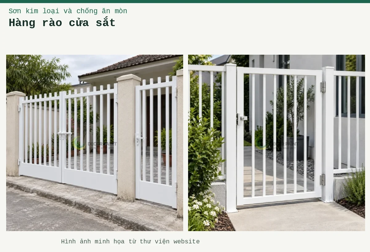 Hàng rào cửa sắt – Ảnh minh họa: Cổng sắt sơn trắng với hai cánh chính và cửa đi phụ, các thanh đứng đầu bằng; Cửa cổng thép phủ sơn trắng.
