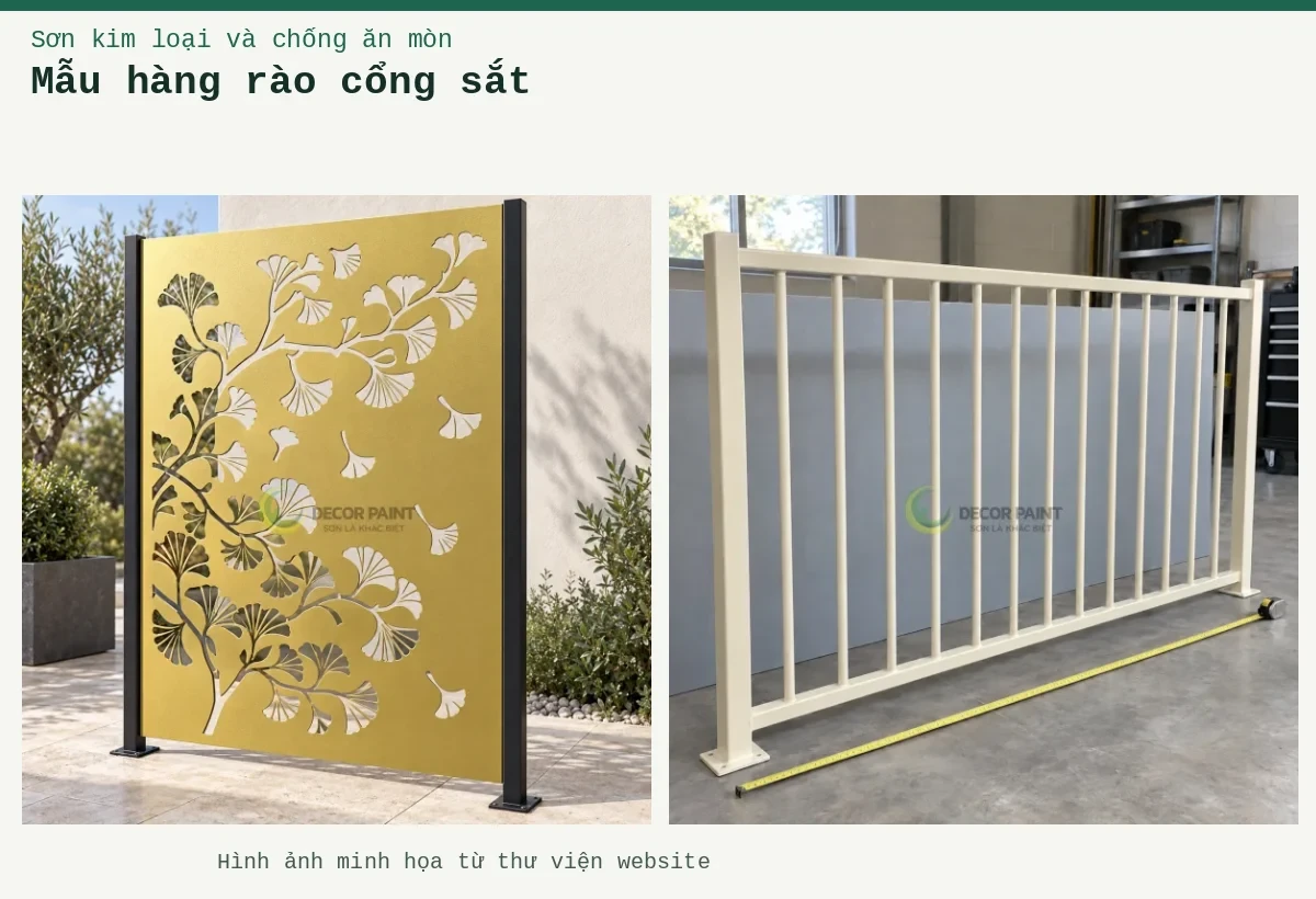 Mẫu hàng rào cổng sắt – Ảnh minh họa: Cổng sắt CNC nhũ đồng; Hàng rào thép sơn màu kem và thước dây trong không gian xưởng.