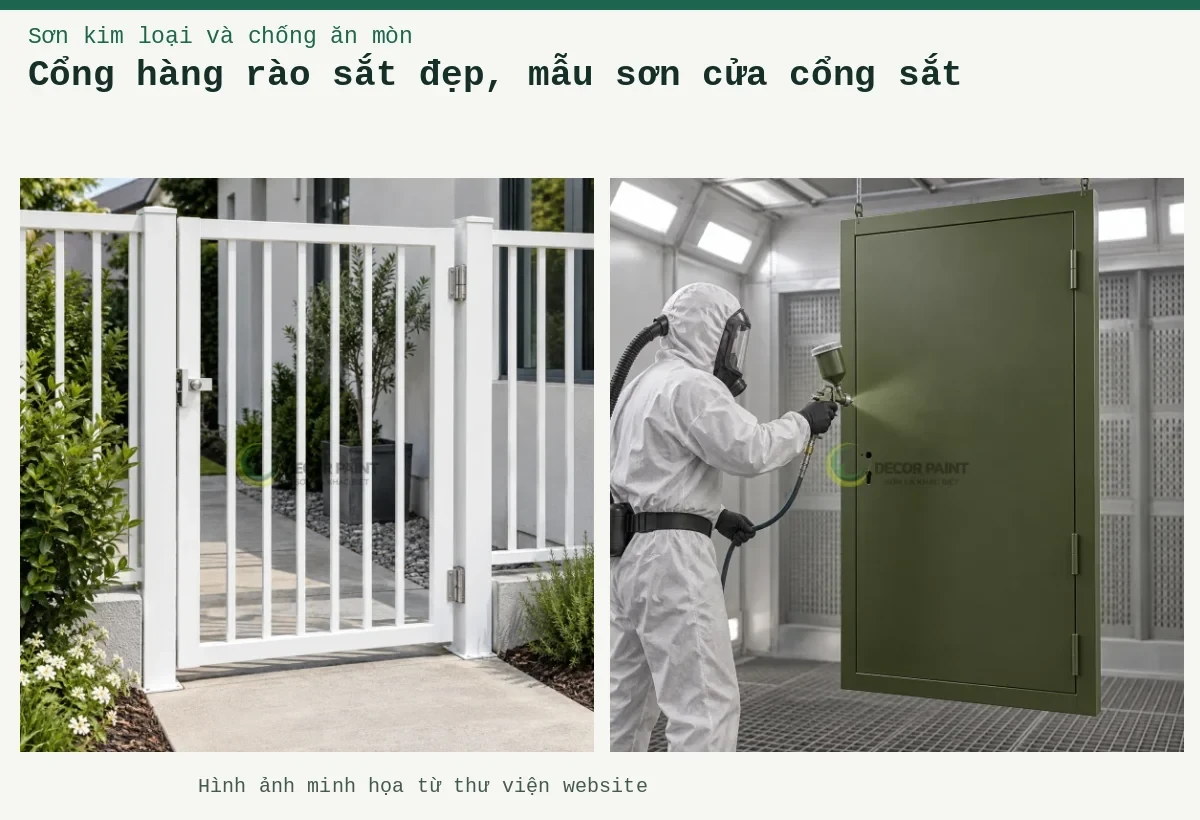 Cổng hàng rào sắt đẹp, mẫu sơn cửa cổng sắt – Ảnh minh họa: Cửa cổng thép phủ sơn trắng; Phun lớp sơn xanh rêu lên cửa thép trong buồng sơn, người thi công sử dụng trang bị bảo hộ.
