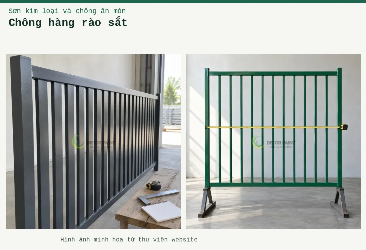 Chông hàng rào sắt – Ảnh minh họa: Đo chiều rộng tấm hàng rào thép màu xanh để chuẩn bị tính diện tích sơn; Hàng rào thép nan dọc màu xám than và dụng cụ đo đặt trên bàn.