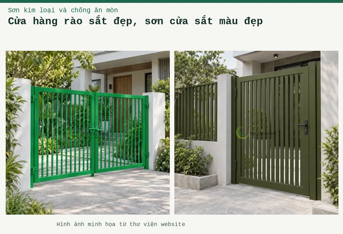 Cửa hàng rào sắt đẹp, sơn cửa sắt màu đẹp – Ảnh minh họa: Cổng sắt hai cánh hoàn thiện màu xanh lá tươi theo mẫu sơn của Decor Paint; Cổng và hàng rào sắt hoàn thiện màu xanh rêu gốc cây mờ.