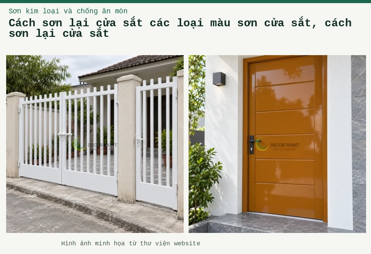 Cách sơn lại cửa sắt các loại màu sơn cửa sắt, cách sơn lại cửa sắt – Ảnh minh họa: Cổng sắt sơn trắng với hai cánh chính và cửa đi phụ, các thanh đứng đầu bằng; Cửa thép nâu da bò RS002.