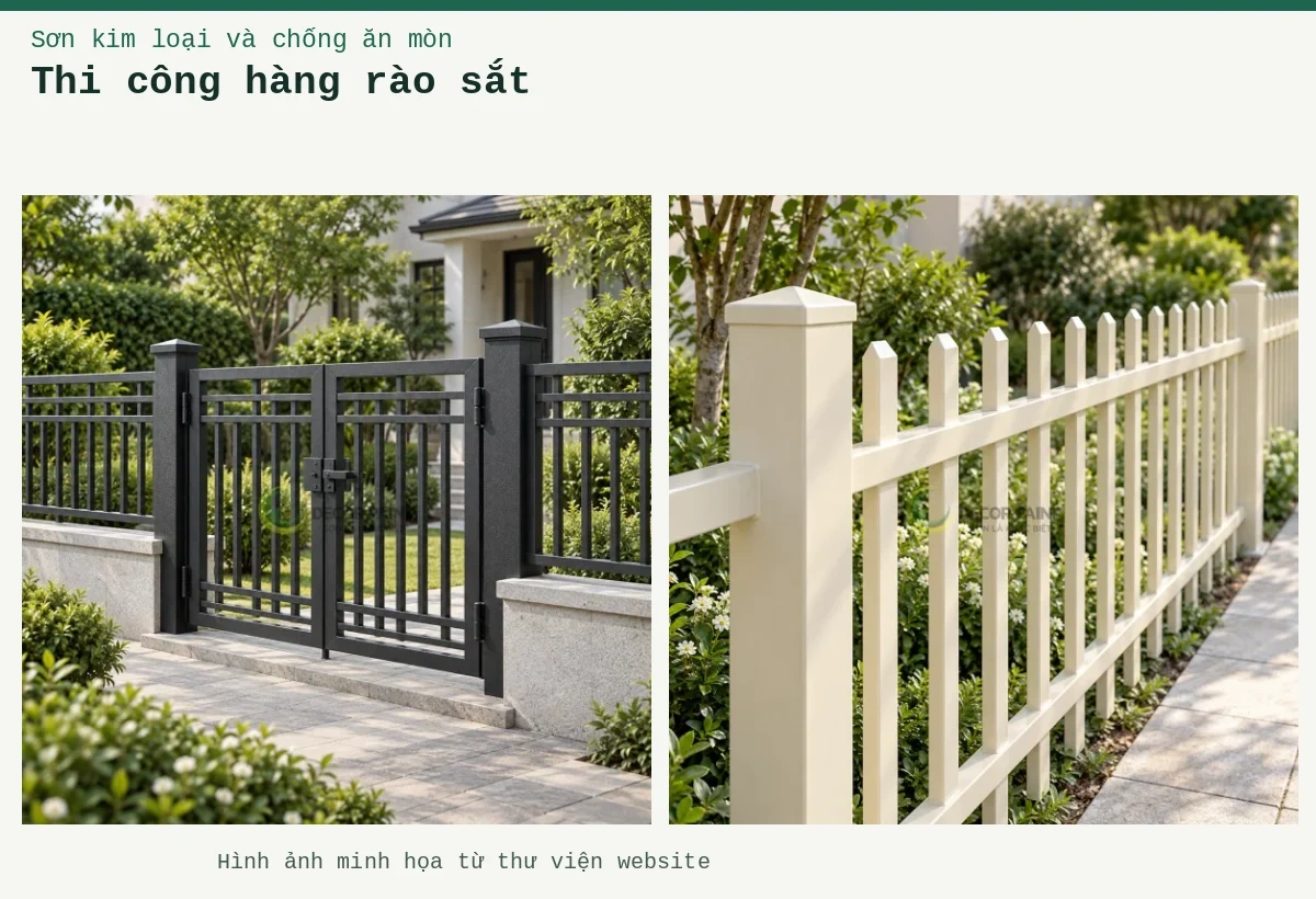 Thi công hàng rào sắt – Ảnh minh họa: Hàng rào thép màu kem với thanh đầu vát bên lối đi sân vườn; Bộ cổng hai cánh và hàng rào thép màu đen nhám lắp đồng bộ trên bệ xây thấp.