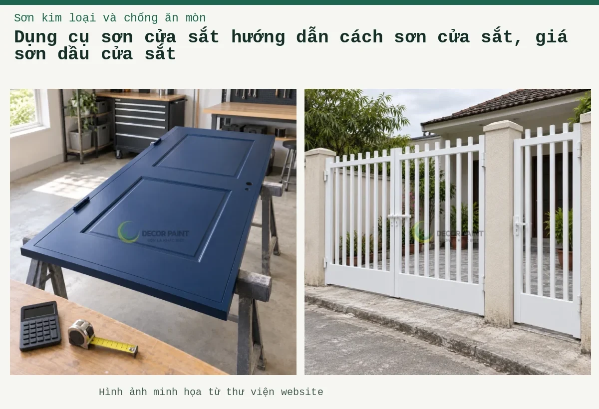 Dụng cụ sơn cửa sắt hướng dẫn cách sơn cửa sắt, giá sơn dầu cửa sắt – Ảnh minh họa: Cổng sắt sơn trắng với hai cánh chính và cửa đi phụ, các thanh đứng đầu bằng; Cửa thép màu xanh đậm trên giá đỡ cùng dụng cụ đo và máy tính.