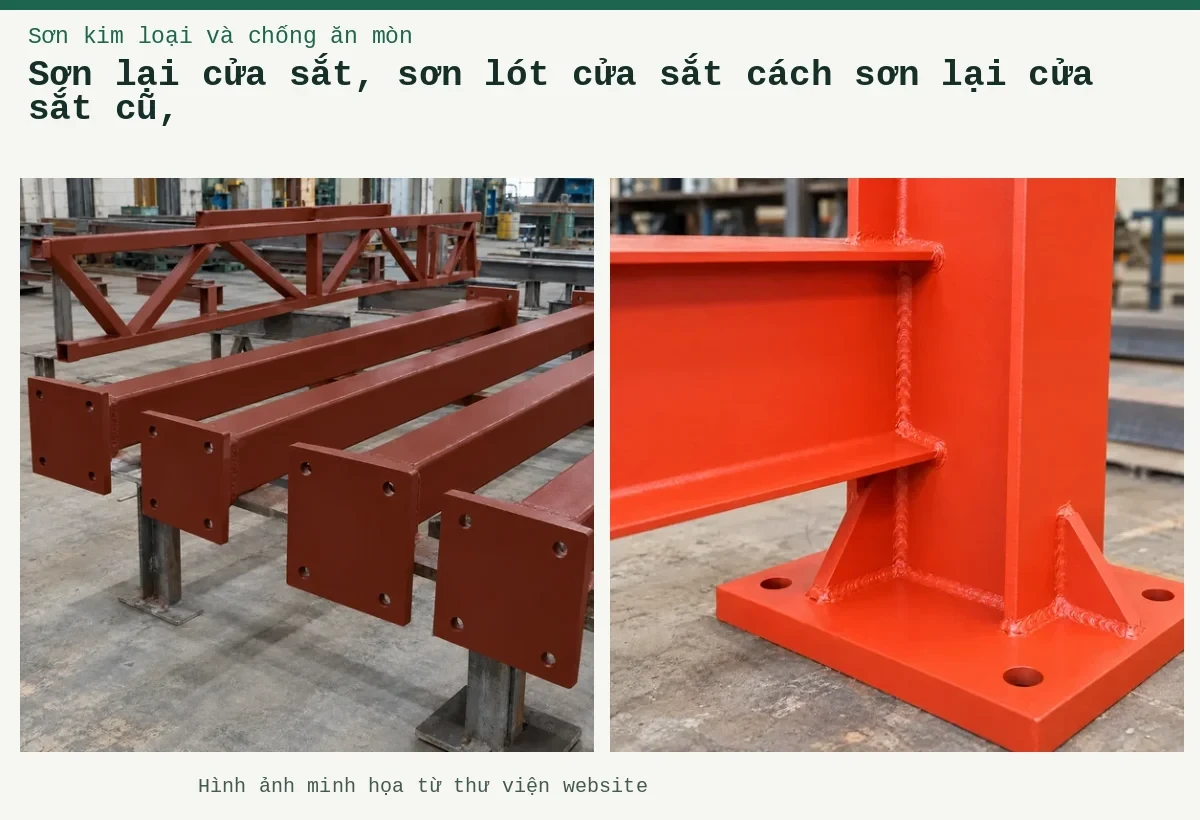 Sơn lại cửa sắt, sơn lót cửa sắt cách sơn lại cửa sắt cũ, – Ảnh minh họa: Sơn lót kim loại đỏ oxit – cận cảnh lớp lót trên mối nối thép; Sơn lót kim loại đỏ oxit – cấu kiện thép đã phủ lớp lót.