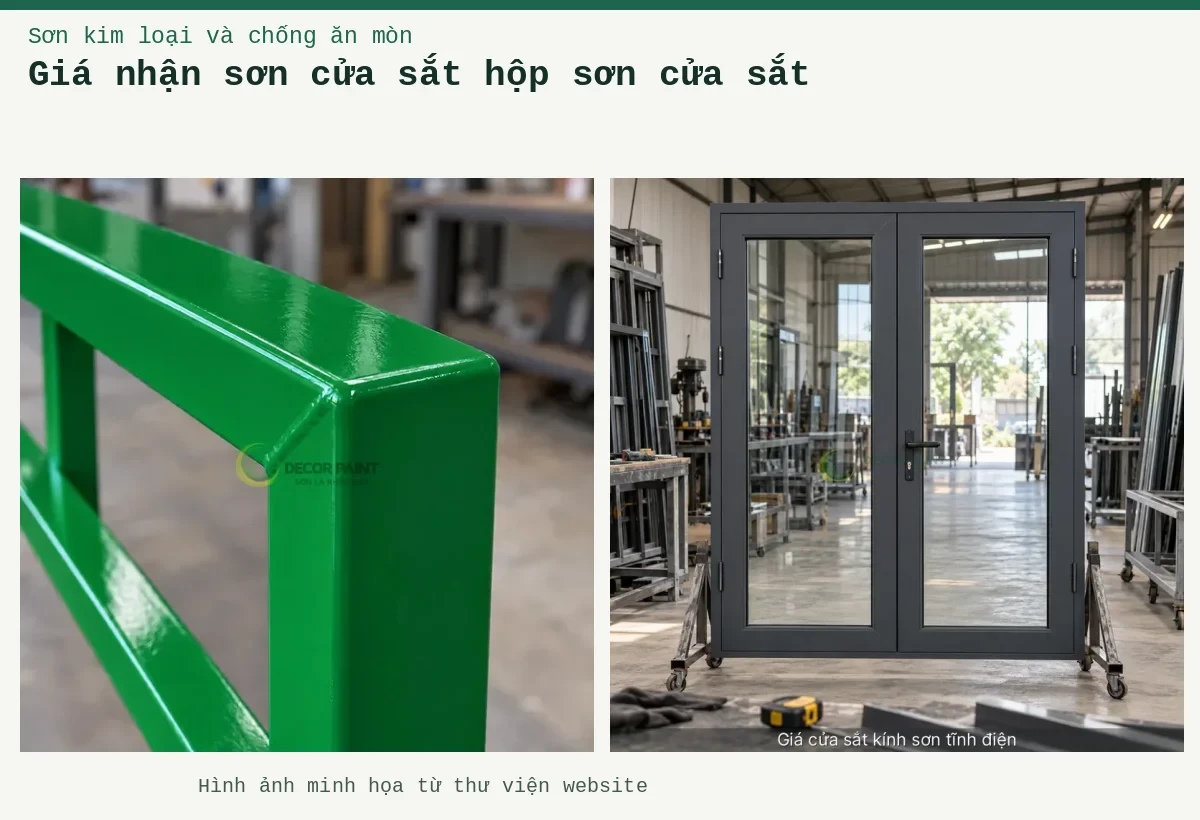 Giá nhận sơn cửa sắt hộp sơn cửa sắt – Ảnh minh họa: Chi tiết góc hàn của khung sắt hộp được phủ sơn xanh lá bóng; Minh họa giá cửa sắt kính sơn tĩnh điện bằng cửa khung sắt sơn màu xingfa ghi đậm kết hợp kính.