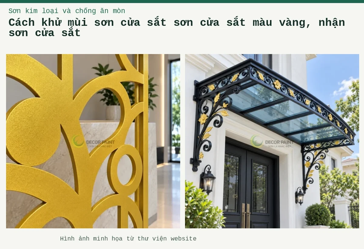 Cách khử mùi sơn cửa sắt sơn cửa sắt màu vàng, nhận sơn cửa sắt – Ảnh minh họa: Mái kính cửa vào phối sắt đen nhũ vàng; Vách sắt trang trí nhũ vàng nghệ.