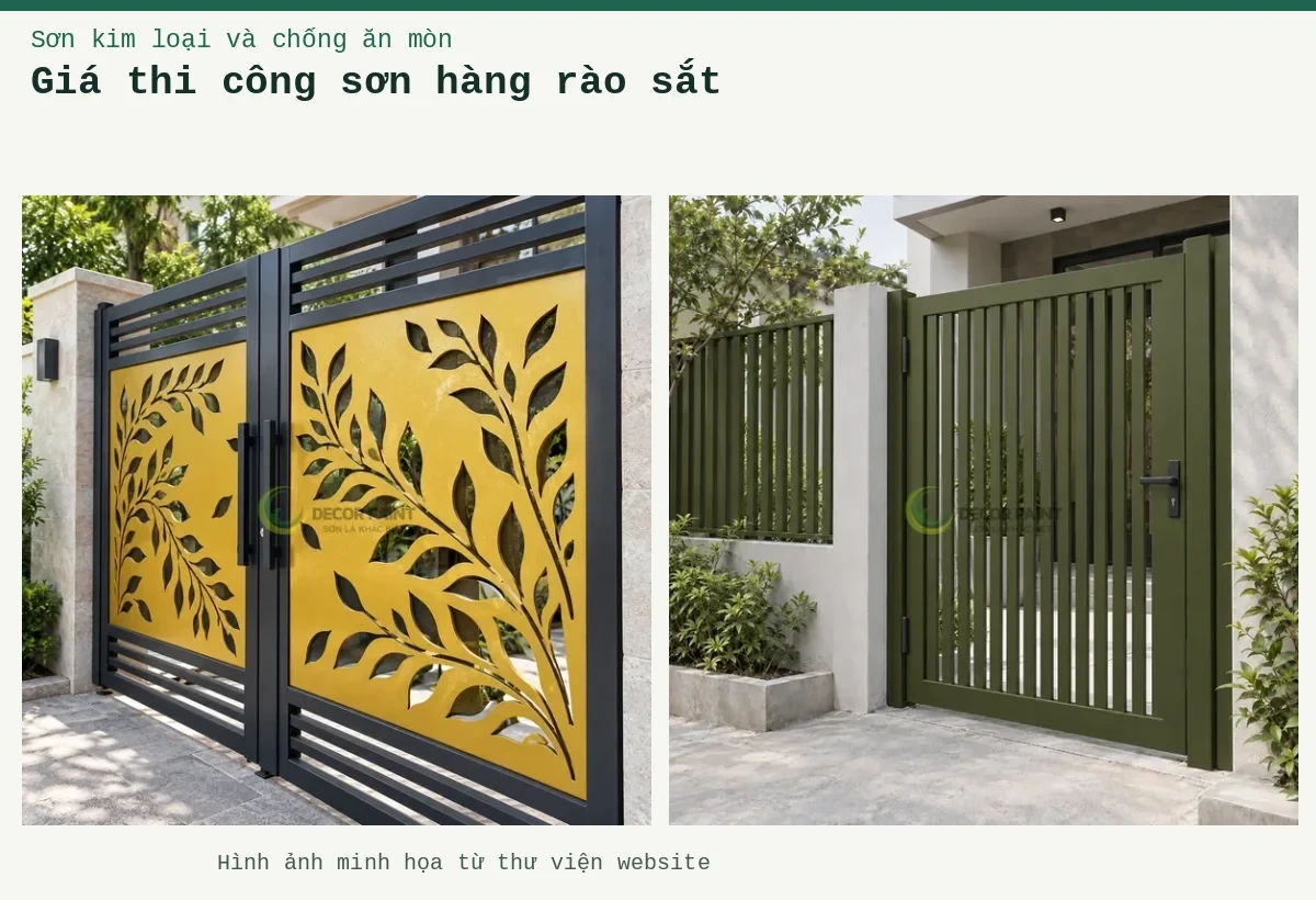Giá thi công sơn hàng rào sắt – Ảnh minh họa: Cổng và hàng rào sắt hoàn thiện màu xanh rêu gốc cây mờ; Cổng sắt CNC họa tiết cành lá vàng nghệ.
