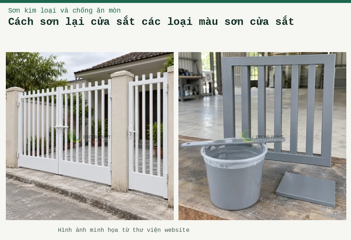 Cách sơn lại cửa sắt các loại màu sơn cửa sắt – Ảnh minh họa: Cổng sắt sơn trắng với hai cánh chính và cửa đi phụ, các thanh đứng đầu bằng; Minh họa sơn màu ghi và mẫu cửa sắt cùng màu hoàn thiện.