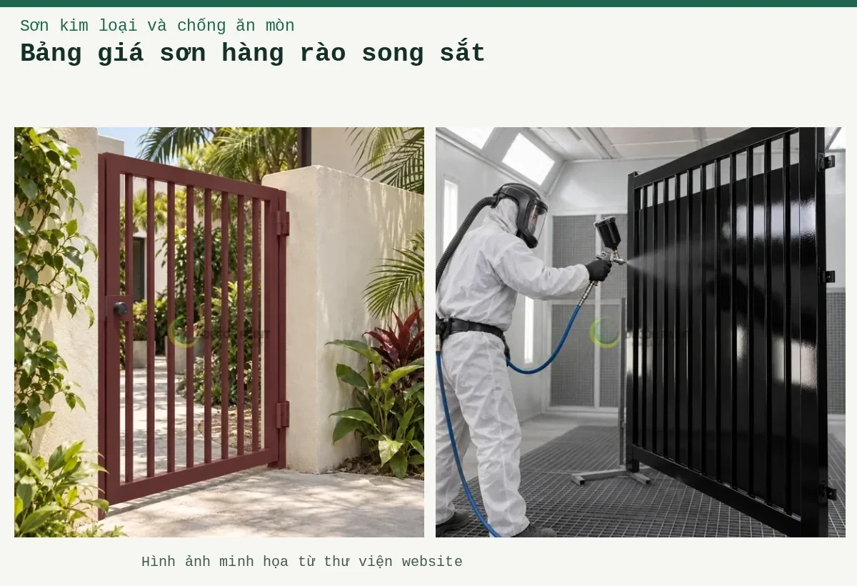 Bảng giá sơn hàng rào song sắt – Ảnh minh họa: Minh họa phun sơn đen lên cánh cổng sắt có song và tấm kín; Cổng sắt song đứng phủ màu đỏ gạch, đặt giữa hai trụ tường tại lối vào.
