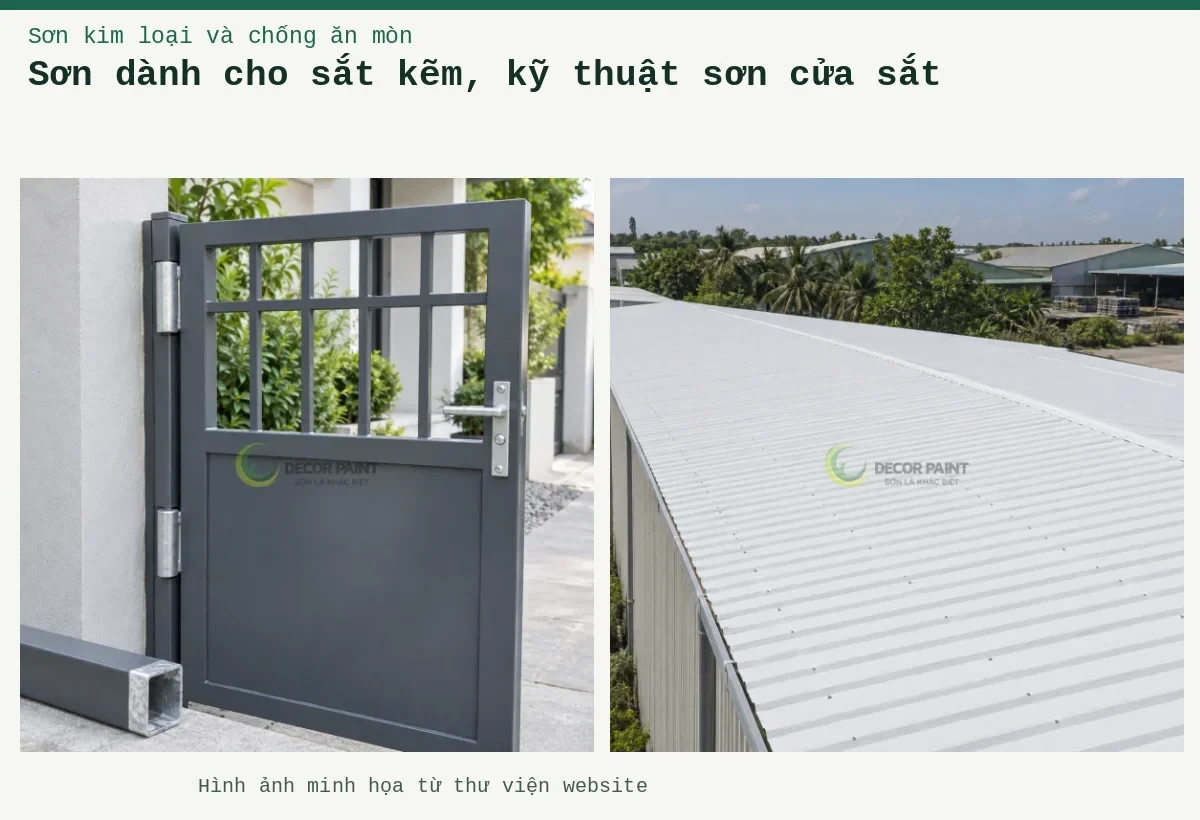 Sơn dành cho sắt kẽm, kỹ thuật sơn cửa sắt – Ảnh minh họa: Cửa sắt mạ kẽm phủ màu ghi cùng mẫu vật liệu đối chiếu; Mái tôn nhà xưởng phủ màu trắng, nhìn chéo theo các đường sóng mái.