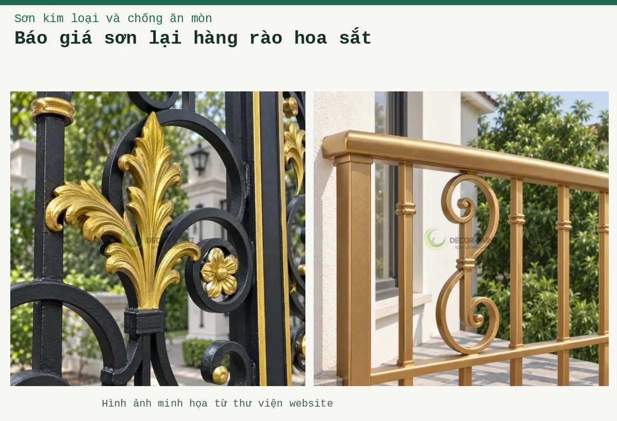 Báo giá sơn lại hàng rào hoa sắt – Ảnh minh họa: Họa tiết lá nhũ vàng trên cổng sắt; Lan can ban công hoa sắt sơn nhũ đồng.