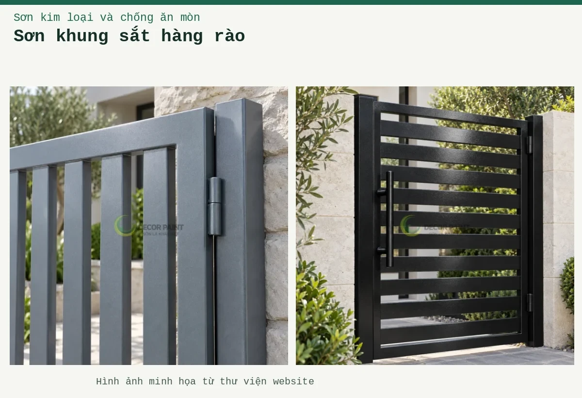 Sơn khung sắt hàng rào – Ảnh minh họa: Khung cổng sắt; Cổng sắt nhũ xám.