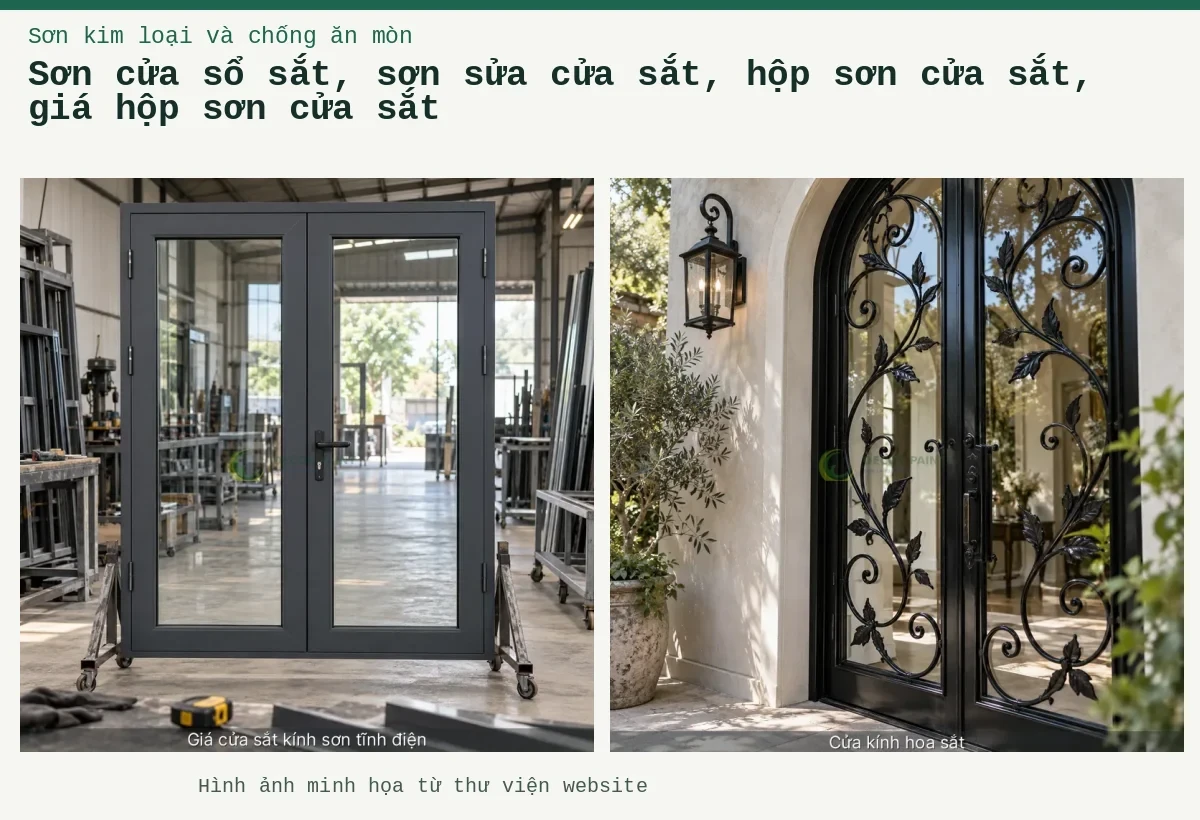 Sơn cửa sổ sắt, sơn sửa cửa sắt, hộp sơn cửa sắt, giá hộp sơn cửa sắt – Ảnh minh họa: Minh họa giá cửa sắt kính sơn tĩnh điện bằng cửa khung sắt sơn màu xingfa ghi đậm kết hợp kính; Minh họa cửa kính hoa sắt bằng cửa khung sắt sơn màu đen bóng kết hợp kính.