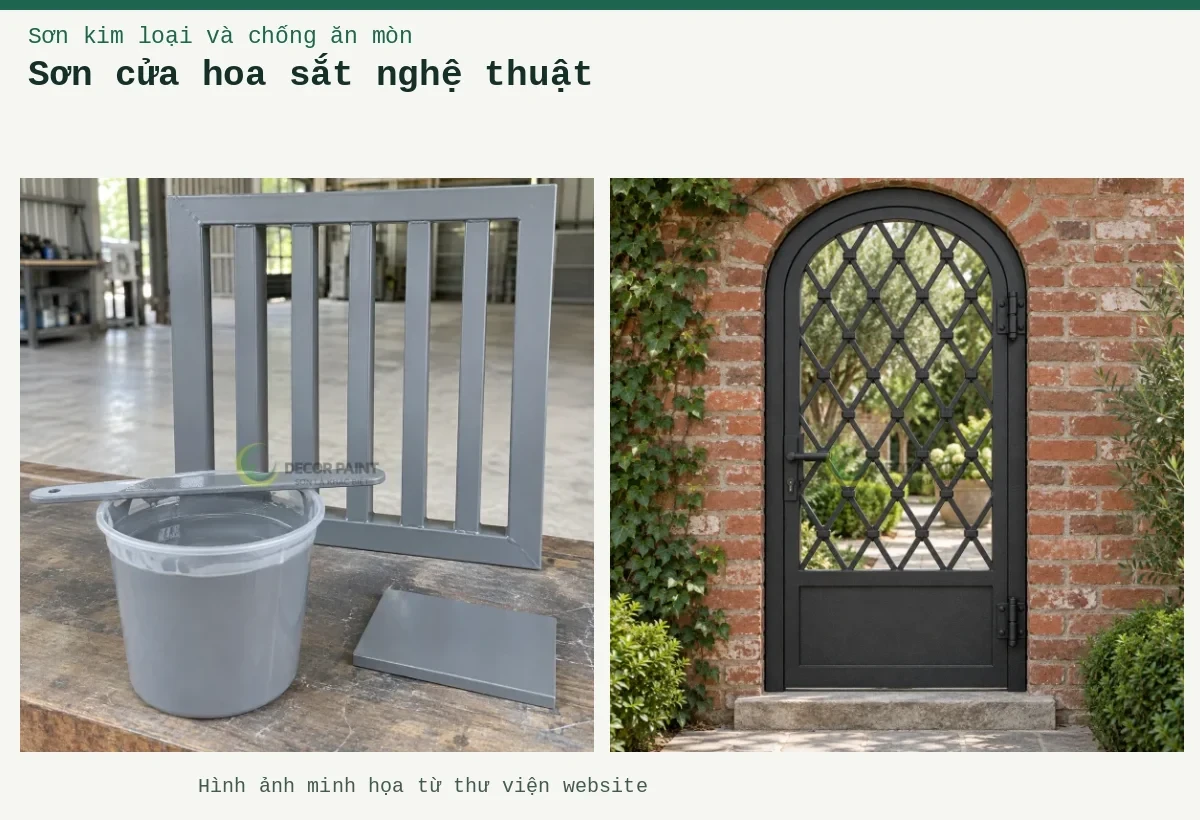 Sơn cửa hoa sắt nghệ thuật – Ảnh minh họa: Minh họa sơn màu ghi và mẫu cửa sắt cùng màu hoàn thiện; Cửa sắt một cánh vòm với hoa văn hình thoi, hoàn thiện màu đen nhám trên nền tường gạch.