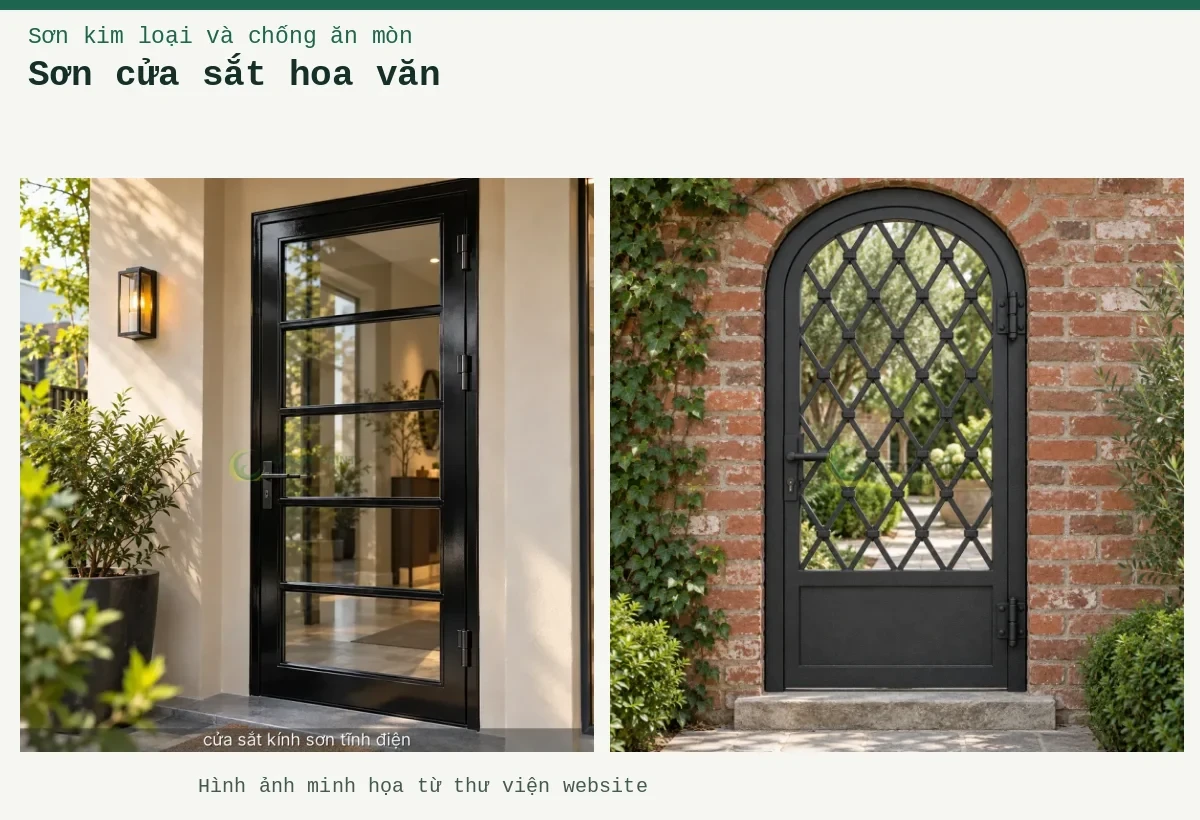 Sơn cửa sắt hoa văn – Ảnh minh họa: Cửa sắt một cánh vòm với hoa văn hình thoi, hoàn thiện màu đen nhám trên nền tường gạch; Minh họa cửa sắt kính sơn tĩnh điện bằng cửa khung sắt sơn màu đen bóng kết hợp kính.