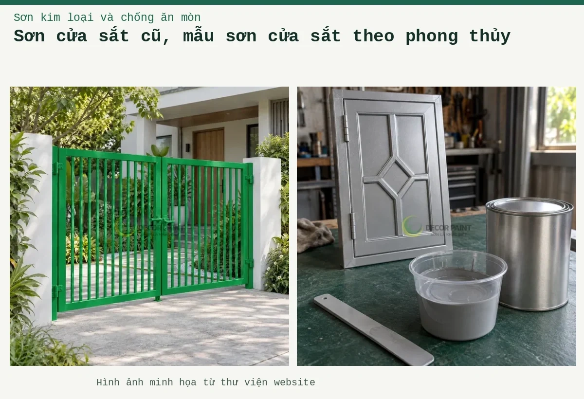 Sơn cửa sắt cũ, mẫu sơn cửa sắt theo phong thủy – Ảnh minh họa: Cổng sắt hai cánh hoàn thiện màu xanh lá tươi theo mẫu sơn của Decor Paint; Mẫu cửa thép màu bạc xám cùng cốc pha và dụng cụ khuấy sơn.