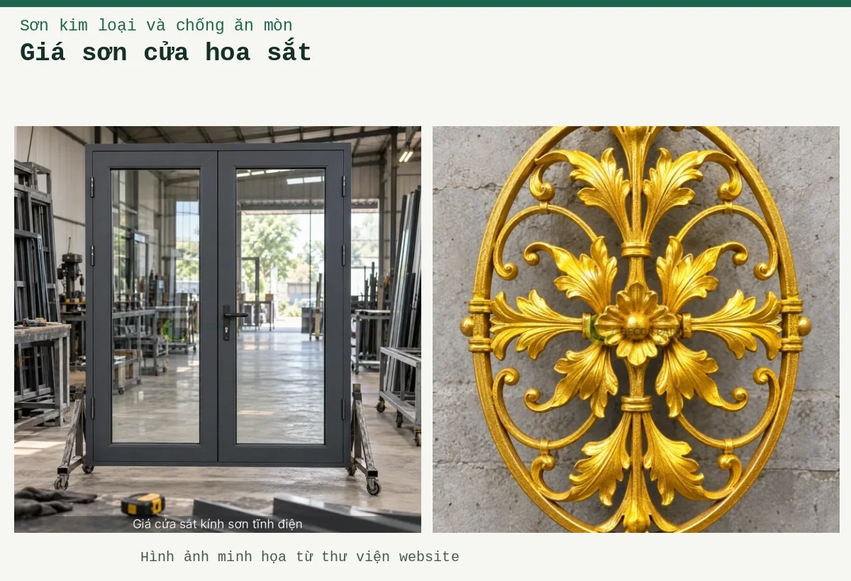 Giá sơn cửa hoa sắt – Ảnh minh họa: Ô cửa hoa sắt; Minh họa giá cửa sắt kính sơn tĩnh điện bằng cửa khung sắt sơn màu xingfa ghi đậm kết hợp kính.