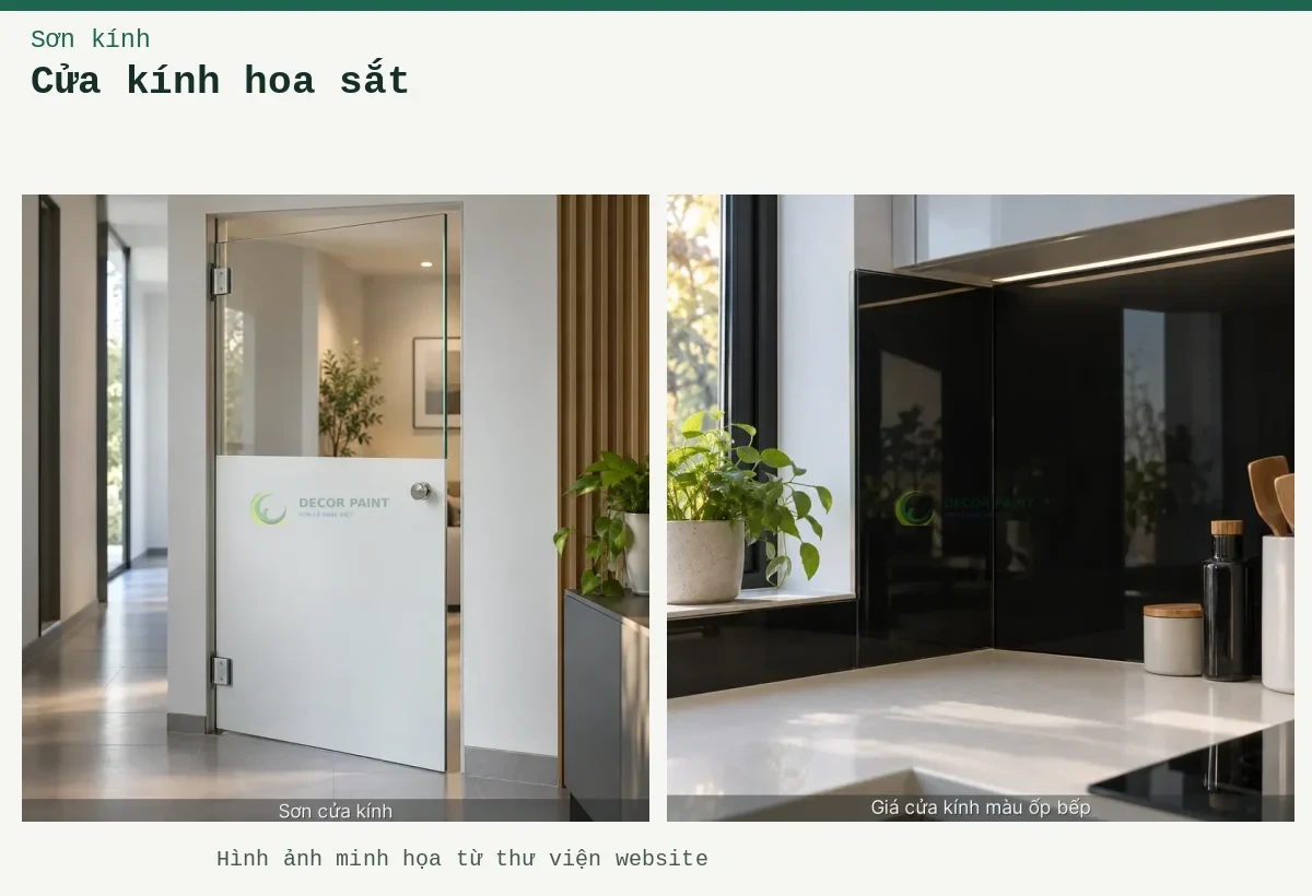 Cửa kính hoa sắt – Ảnh minh họa: Minh họa sơn cửa kính với bề mặt kính và màu trắng mờ; Minh hoạ giá cửa kính màu ốp bếp: đen bóng, thấy rõ bề mặt và cạnh kính.