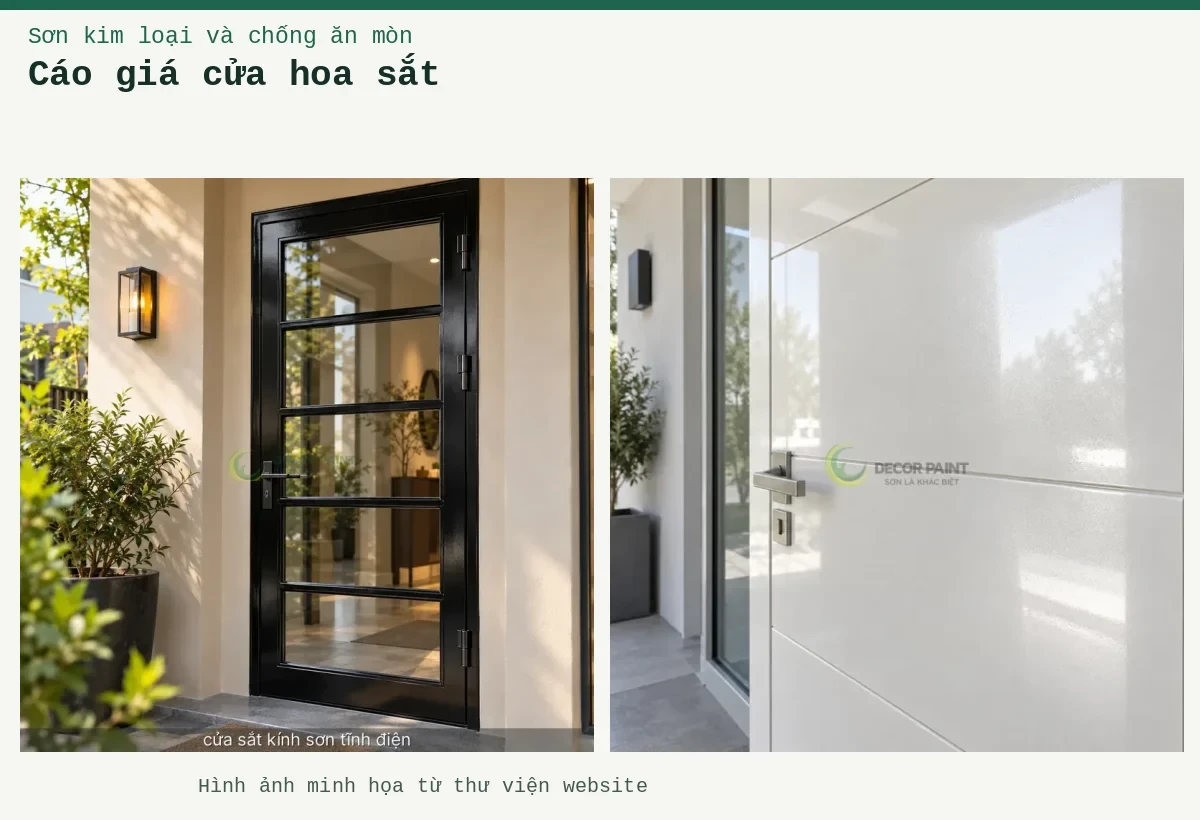 Cáo giá cửa hoa sắt – Ảnh minh họa: Cửa thép trắng ngọc trai; Minh họa cửa sắt kính sơn tĩnh điện bằng cửa khung sắt sơn màu đen bóng kết hợp kính.