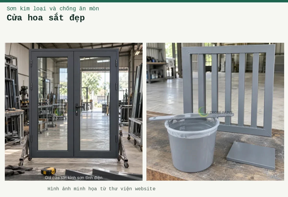 Cửa hoa sắt đẹp – Ảnh minh họa: Minh họa sơn màu ghi và mẫu cửa sắt cùng màu hoàn thiện; Minh họa giá cửa sắt kính sơn tĩnh điện bằng cửa khung sắt sơn màu xingfa ghi đậm kết hợp kính.