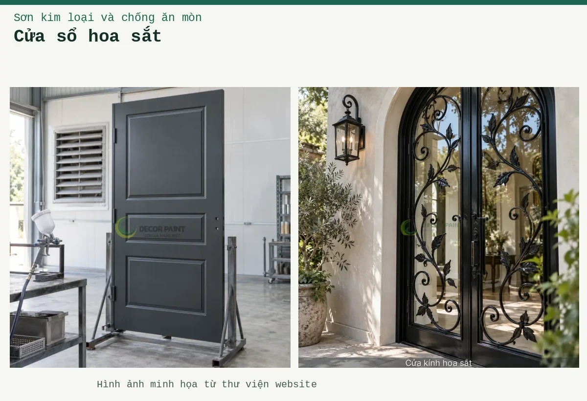 Cửa sổ hoa sắt – Ảnh minh họa: Minh họa cửa sắt hoàn thiện màu xám đậm cùng súng phun đặt trên giá; Minh họa cửa kính hoa sắt bằng cửa khung sắt sơn màu đen bóng kết hợp kính.
