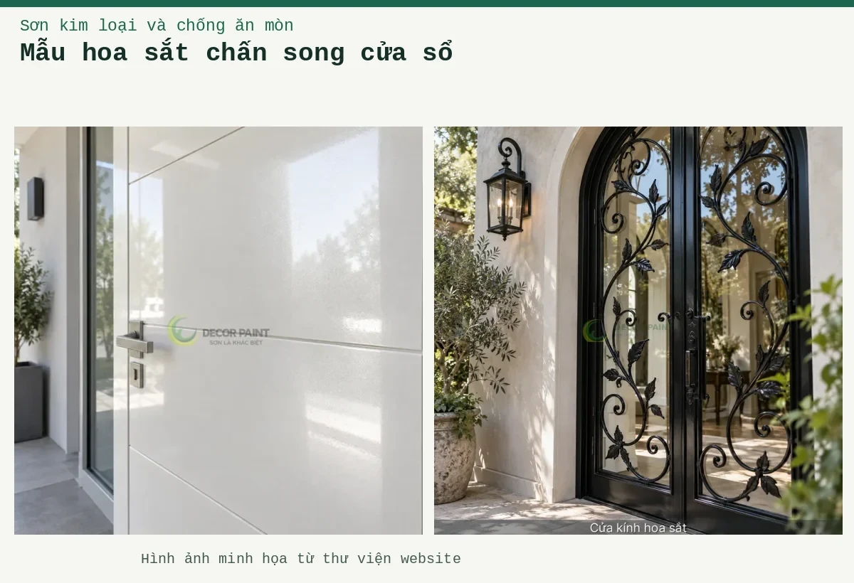 Mẫu hoa sắt chấn song cửa sổ – Ảnh minh họa: Cửa thép trắng ngọc trai; Minh họa cửa kính hoa sắt bằng cửa khung sắt sơn màu đen bóng kết hợp kính.