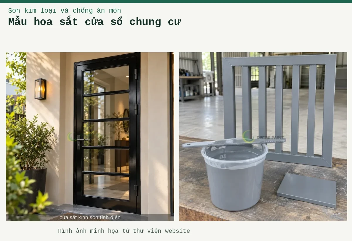 Mẫu hoa sắt cửa sổ chung cư – Ảnh minh họa: Minh họa sơn màu ghi và mẫu cửa sắt cùng màu hoàn thiện; Minh họa cửa sắt kính sơn tĩnh điện bằng cửa khung sắt sơn màu đen bóng kết hợp kính.