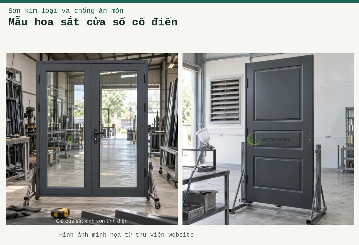 Mẫu hoa sắt cửa sổ cổ điển – Ảnh minh họa: Minh họa giá cửa sắt kính sơn tĩnh điện bằng cửa khung sắt sơn màu xingfa ghi đậm kết hợp kính; Minh họa cửa sắt hoàn thiện màu xám đậm cùng súng phun đặt trên giá.