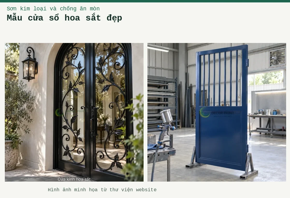 Mẫu cửa sổ hoa sắt đẹp – Ảnh minh họa: Minh họa cửa sắt hoàn thiện màu xanh đậm trên giá đỡ trong xưởng; Minh họa cửa kính hoa sắt bằng cửa khung sắt sơn màu đen bóng kết hợp kính.