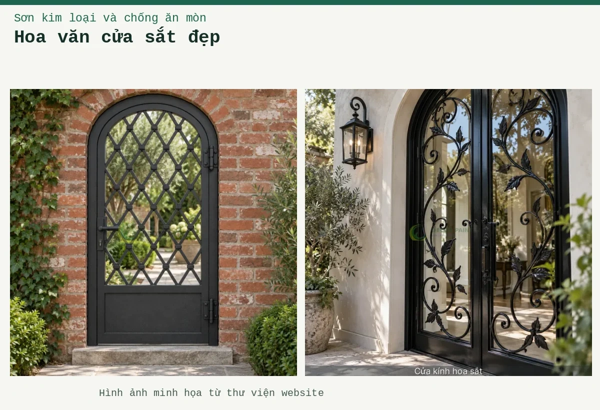 Hoa văn cửa sắt đẹp – Ảnh minh họa: Cửa sắt một cánh vòm với hoa văn hình thoi, hoàn thiện màu đen nhám trên nền tường gạch; Minh họa cửa kính hoa sắt bằng cửa khung sắt sơn màu đen bóng kết hợp kính.