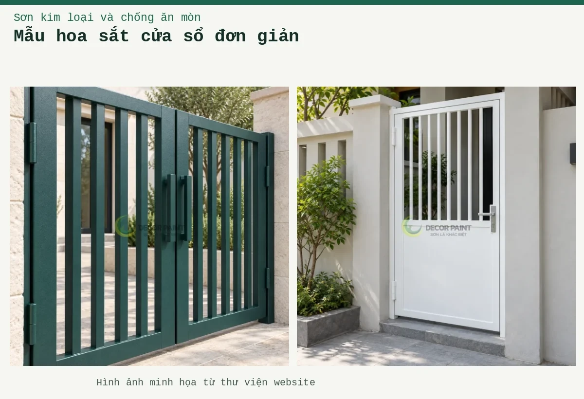 Mẫu hoa sắt cửa sổ đơn giản – Ảnh minh họa: Cửa cổng sắt hộp; Cửa sắt hoàn thiện màu trắng tại lối vào nhà.