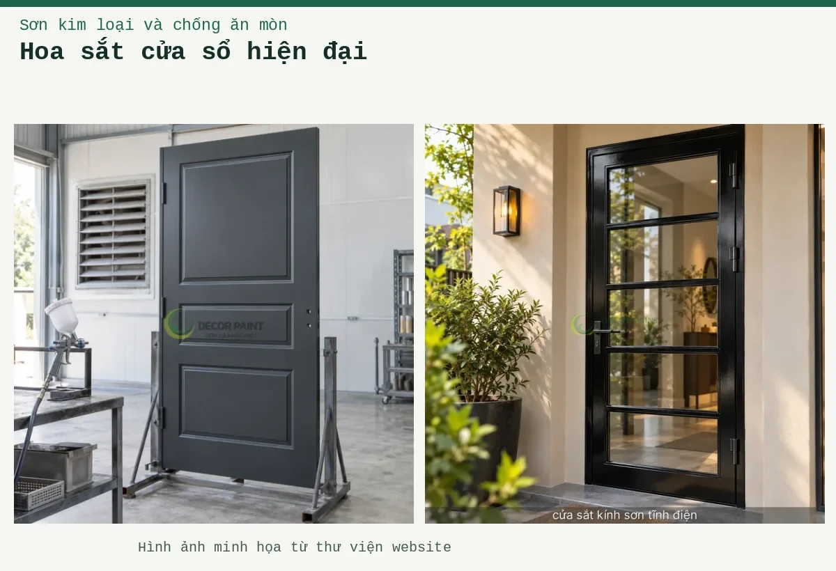 Hoa sắt cửa sổ hiện đại – Ảnh minh họa: Minh họa cửa sắt hoàn thiện màu xám đậm cùng súng phun đặt trên giá; Minh họa cửa sắt kính sơn tĩnh điện bằng cửa khung sắt sơn màu đen bóng kết hợp kính.
